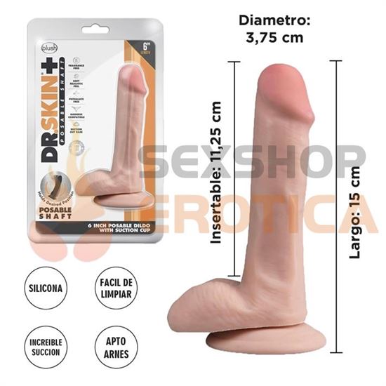 Dildo de 15 centimetros simil piel con sopapa y testiculos DR SKYN